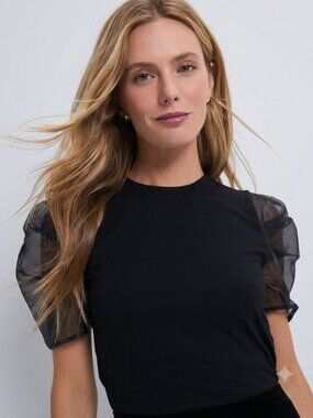 HYACINTH HOUSE Black Tulle Sleeve Darby Blouse